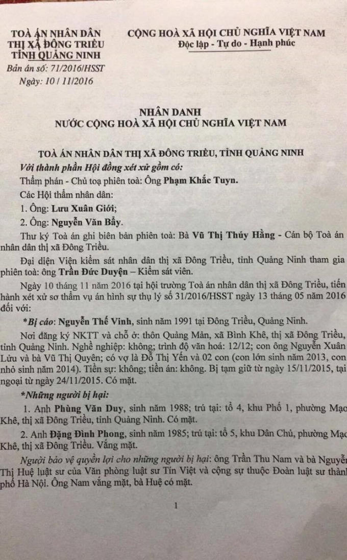 Bản án hình sự sơ thẩm của TAND thị xã Đông Triều.