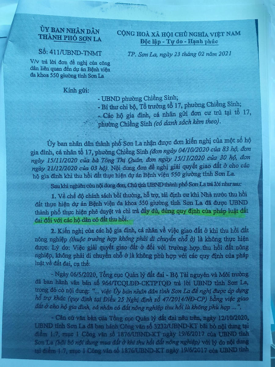 Công văn số 411 của chính UBND TP Sơn La tại mục 2 thể hiện việc Tổng cục Quản lý đất đai - Bộ Tài nguyên và môi trường giao đất ở cho hộ gia đình cá nhân có đất nông nghiệp khi thu hồi là không phù hợp.