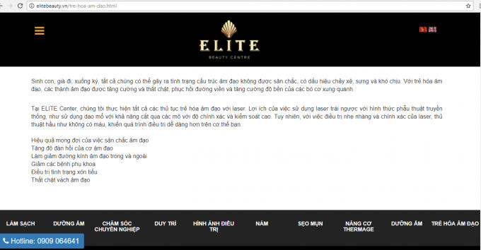 Trang website có tên Elitebeauty quảng cáo dịch vụ làm trẻ hóa âm đạo.