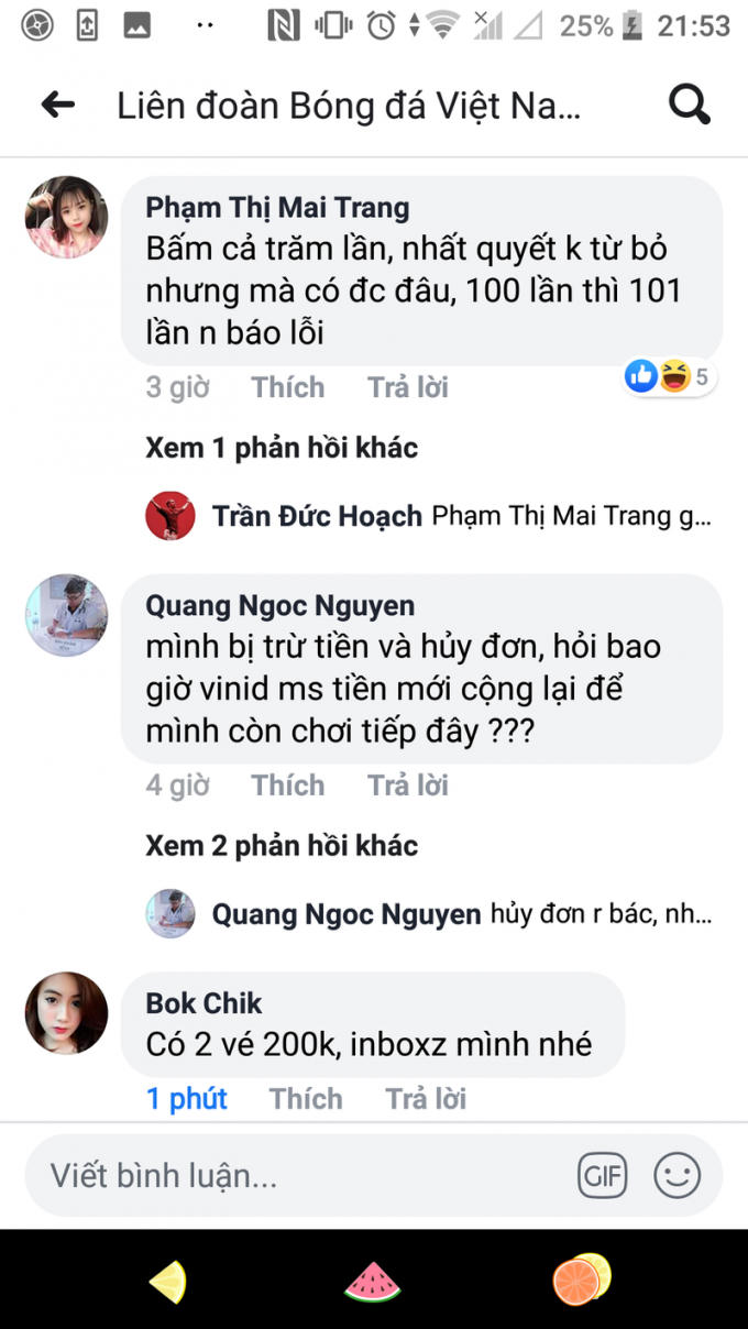 Người hâm mộ phản ánh với VFF về việc mua vé. Có những trường hợp bị trừ tiền nhưng lại hủy lệnh mua vé?