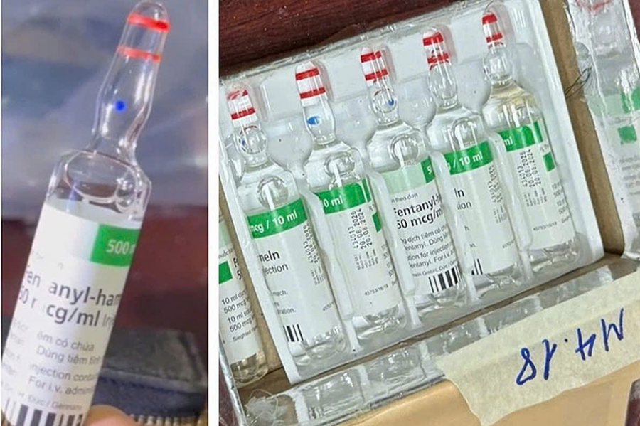 Tang vật thu giữ tại nhà đối tượng Nguyễn Văn Tuấn là các lọ ma túy “cực độc” fentanyl.