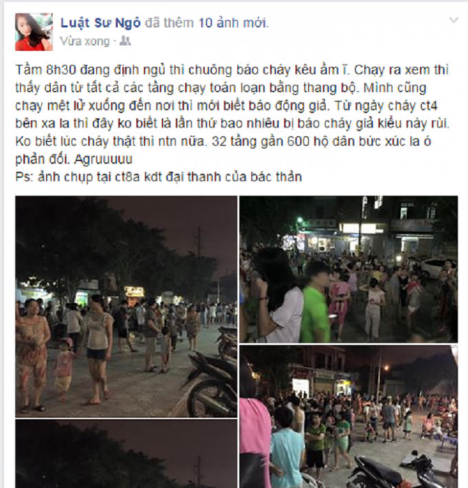 Hình ảnh người dân KĐT Đạik Thanh, Hà Đông, Hà Nội tán loạn vì báo cháy giả. Nguồn: Facebook Luật Sư Ngô