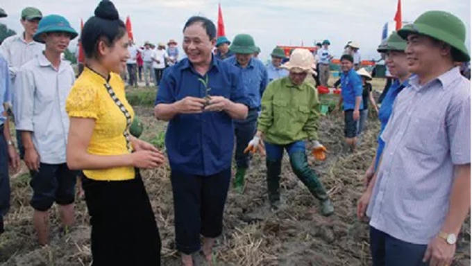 Bí thư Tỉnh uỷ Yên Bái Phạm Duy Cường (người cầm cây ngô non) xuống ruộng cùng bà con nông dân. (Ảnh: Tùng Duy).