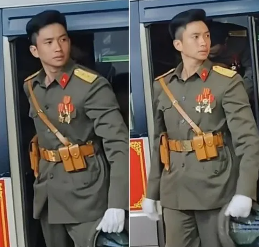 Hình ảnh Thượng úy Lê Hoàng Hiệp "gây bão" mạng xã hội trong buổi sơ diễn diễu binh, diễu hành cho Lễ kỷ niệm 50 năm Ngày giải phóng miền Nam, thống nhất đất nước. (Ảnh chụp màn hình)