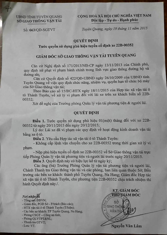 Sở giao thông vận tải tỉnh Tuyên Quang vừa ra quyết định thu hồi giấy tờ đối với nhà xe Tuấn Ngân.