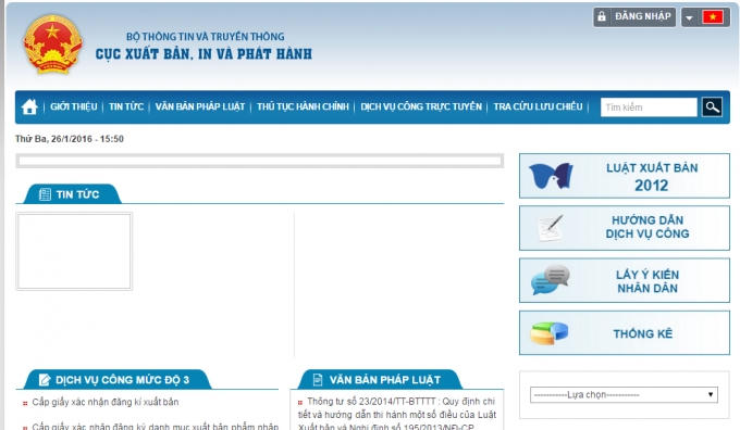 Website của cục Xuất bản, In và Phát hành