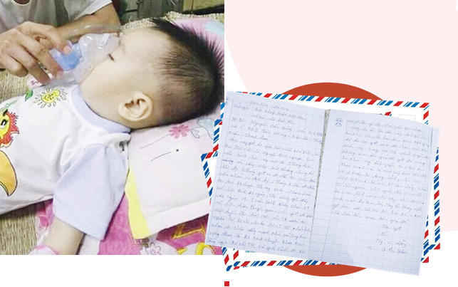 Bé Nguyên và anh Đông trong những ngày điều trị tại bệnh viện cùng Bức tâm thư đẫm nước mắt anh gửi đến Tòa soạn báo Pháp luật Việt Nam để cầu cứu.