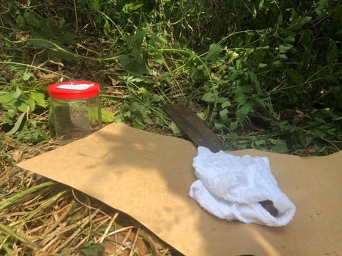 Trên đường tháo chạy, chúng đã làm rơi 2 con dao, mũ, 2 chai xăng, 1 bình xịt hơi cay. Một nhân viên bị các đối tượng dùng sống dao đánh vào gáy bị thương. Trong ảnh: Hung khí vụ cướp (ảnh:Vietnamdaily)