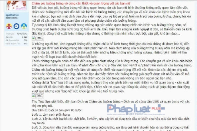 Liệu trình chăm sóc buồng trứng tại website của thẩm mỹ viện Thu Trúc.