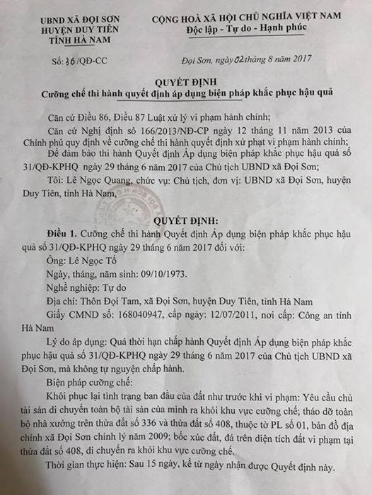 Quyết định cưỡng chế do ông Lê Ngọc Quang - Chủ tịch UBND xã Đọi Sơn ký.