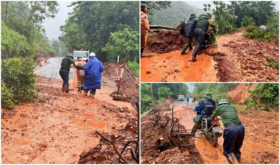 Công an xã Nậm Cắn dọn dẹp cây cối gãy đổ và giúp người dân di chuyển qua tuyến đường sạt lở - Ảnh Công an Nghệ An.