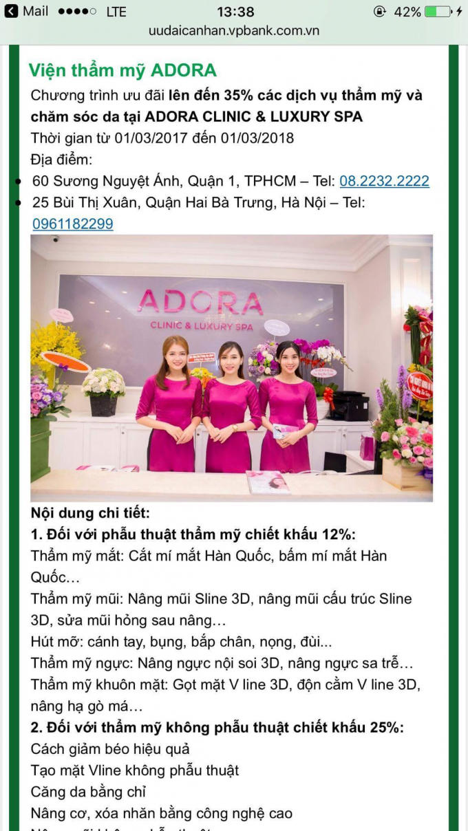 Cơ sở thẩm mỹ Adora quảng cáo thẩm mỹ ngực, nâng ngực trên nhiều phương tiện thông tin.