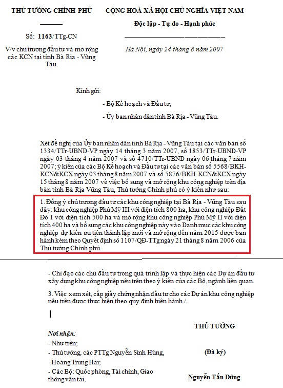 Công văn số 1163/TTg-CN của Thủ tướng Chính phủ đồng ý chủ trương mở rộng KCN Phú Mỹ II (nguồn Công thông tin điện tử Chính phủ).
