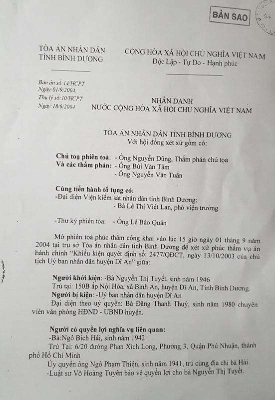 Bản án số 14/HCPT của TAND tỉnh Bình Dương.