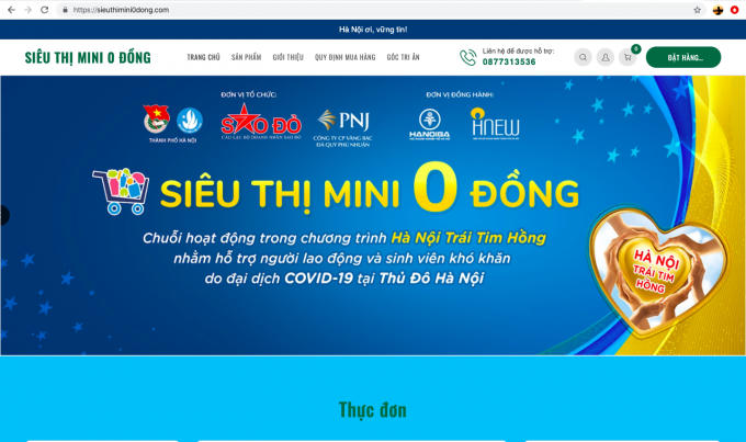 Giao diện Website đặt hàng của Siêu thị mini 0 đồng