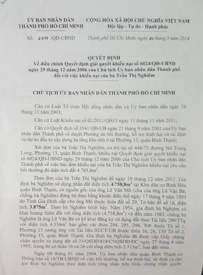 Quyết định giải quyết khiếu nại số 2479 năm 2014 của UBND Thành phố