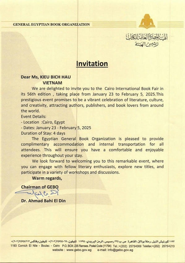 Thư mời của Tổ chức Sách Ai Cập mời Kiều Bích Hậu tham dự Hội chợ sách quốc tế Cairo lần thứ 56.