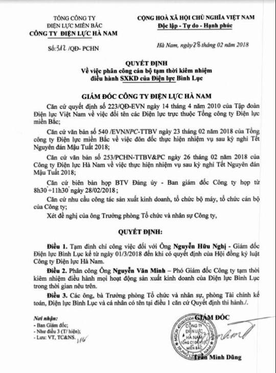 Văn bản xử lý của Giám đốc EVN Hà Nam.