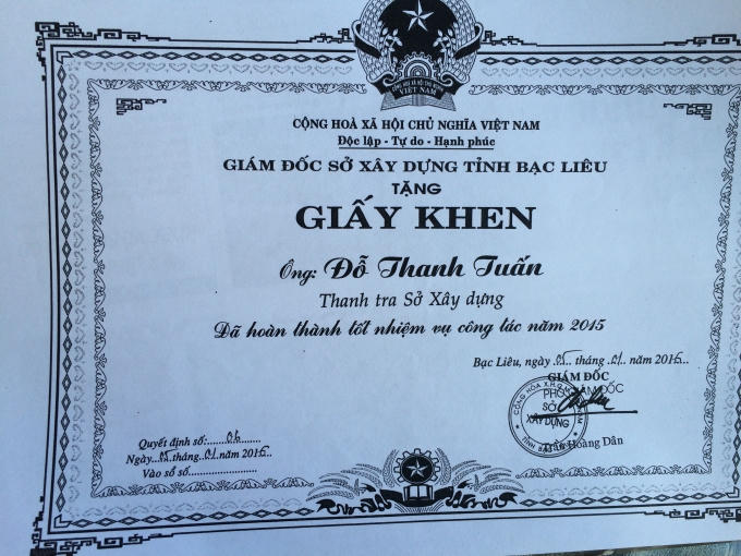 Giấy khen của Giám đốc Sở Xây dựng Bạc Liêu.