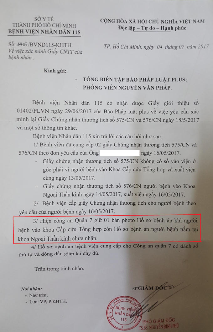 Công văn ngày 04/7/2017 của BV Nhân dân 115 gửi Pháp luật plus.