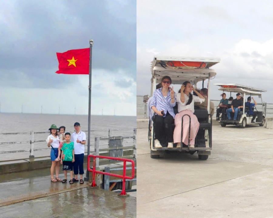 Du khách tham quan và check-in tại Nhà máy điện gió Hòa Bình 1 (thuộc xã Vĩnh Hậu).