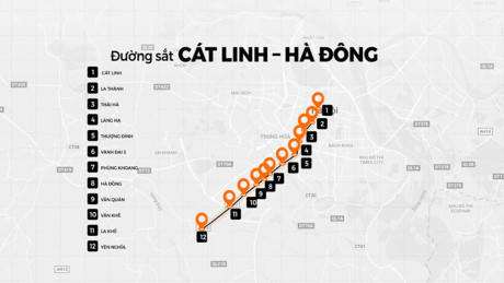 Lộ trình tuyến đường sắt Cát Linh - Hà Đông. Đồ họa: Sang Ngô.