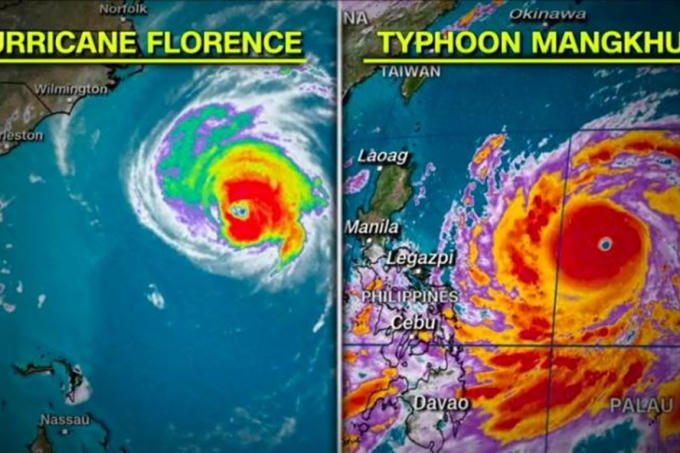 Ảnh vệ tinh bão Florence và bão Mangkhut. Ảnh: CNN.