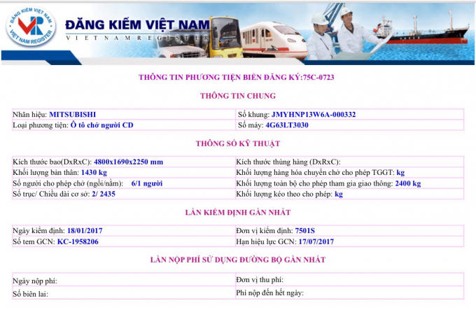 Thông tin trên website  của Cục Đăng kiểm Việt Nam về chiếc xe 75C- 0723.