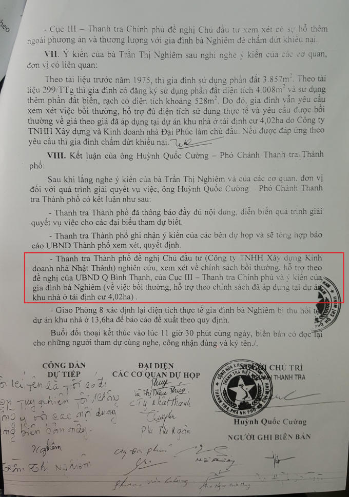 Thanh tra Thành phố đề nghị Chủ đầu tư nghiên cứu, xem xét về chính sách bồi thường, hỗ trợ theo đề nghị của UBND quận Bình Thạnh, của Cục III – Thanh tra Chính phủ và ý kiến của gia đình bà Nghiêm