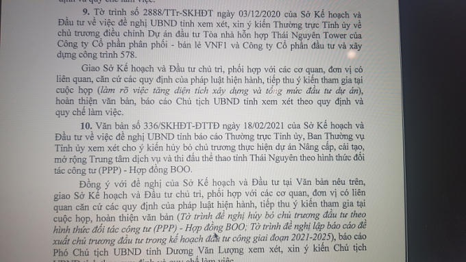 Chủ tịch UBND tỉnh Thái Nguyên Trịnh Việt Hùng đã chỉ đạo Sở KH&amp;amp;ĐT chủ trì, phối hợp với các đơn vị liên quan làm rõ việc tăng diện tích xây dựng và tổng mức đầu tư tại Dự án Dự án tòa nhà hỗn hợp Thái Nguyên Tower