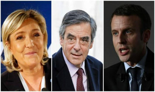 Các ứng cử viên Marine Le Pen (ngoài cùng bên trái), Francois Fillon (giữa) và Emmanuel Macron.