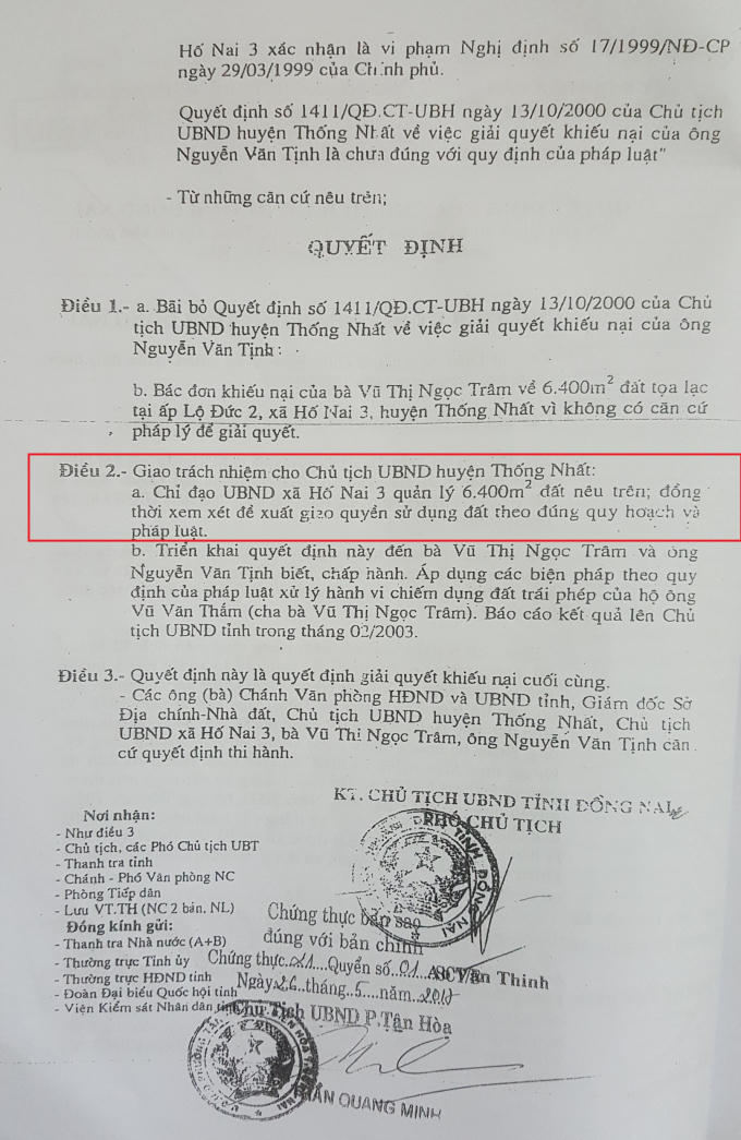 Quyết định của UBND tỉnh giao đất cho UBND xã Hố Nai 3 quản lý.