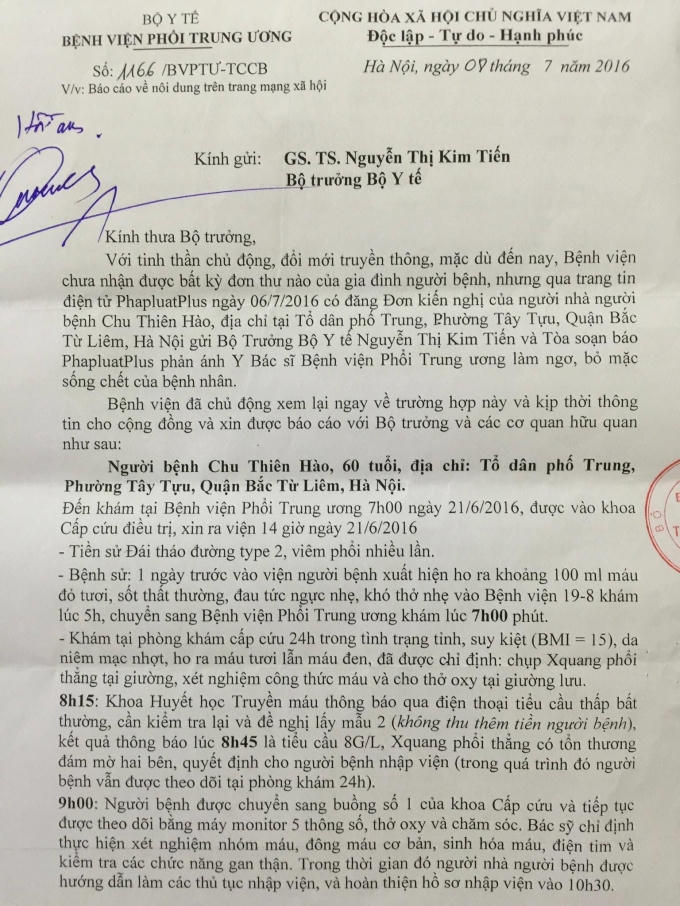 Công văn phúc đáp Bệnh viện Phổi Trung ương gửi Tòa soạn Pháp luật Plus.