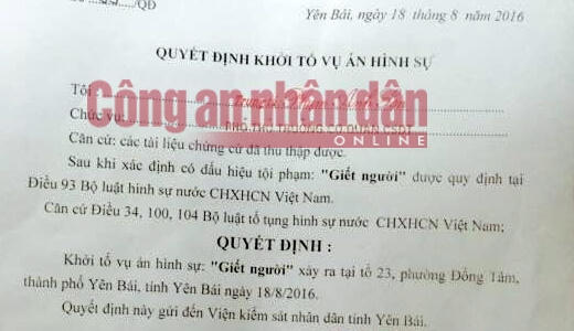 Quyết định khởi tố vụ án (Ảnh: Báo Công an Nhân dân).