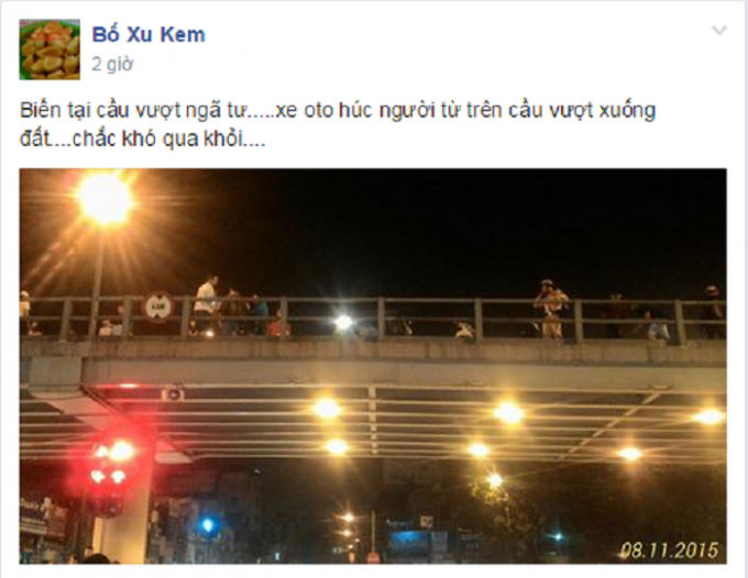 Hiện trường vụ tai nạn trên cầu vượt Thái Hà - Chùa Bộc. Nguồn: Bố Xu Kem/www.otofun.net
