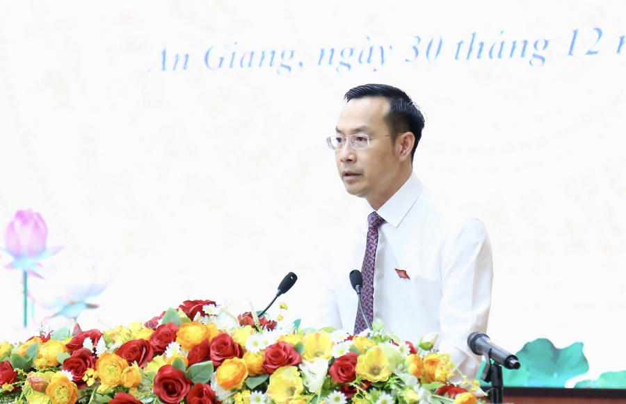 Phó Bí thư Thường trực Tỉnh ủy, Chủ tịch HĐND tỉnh An Giang Nguyễn Thanh Nhàn phát biểu tại Hội nghị.