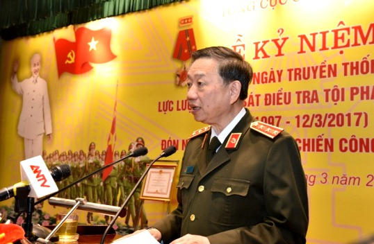 Thượng tướng Tô Lâm, ủy viên Bộ Chính trị, Bộ trưởng Bộ công an phát biểu