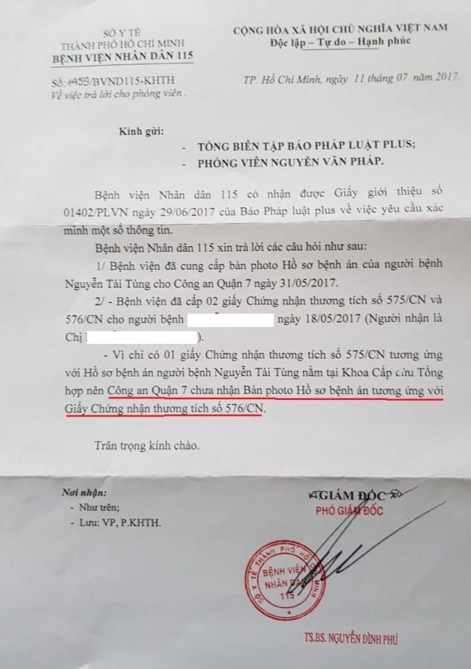 Công văn ngày 11/7/2017 của BV Nhân dân 115 gửi Pháp luật plus vẫn “né” những nội dung cần làm rõ.