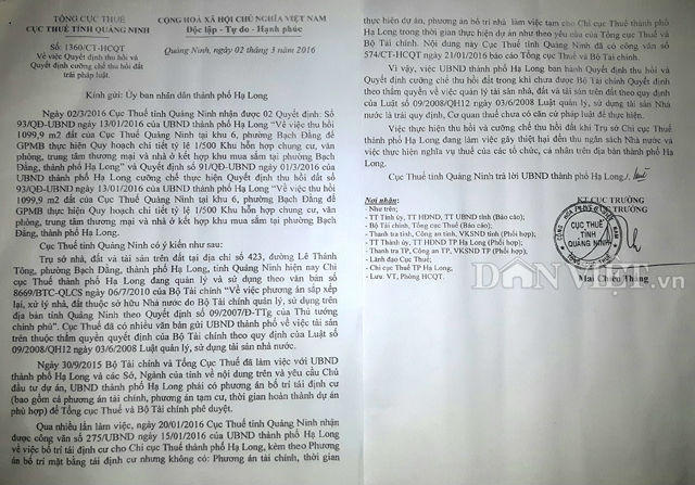 Thông báo số 1360 của Cục thuế tỉnh Quảng Ninh ra ngày 2.3, khẳng định TP. Hạ Long ra Quyết định thu hồi và Quyết định cưỡng chế thu hồi đất tại trụ sở Chi cụ thuế Hạ Long là trái pháp luật.