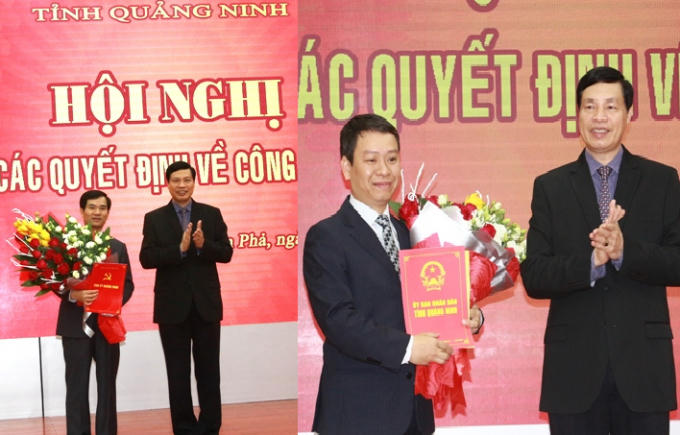 Đồng chí Nguyễn Đức Long, Chủ tịch UBND tỉnh trao Quyết định cho đồng chí Vũ Quyết Tiến, Bí thư Thành ủy Cẩm Phả và đồng chí Nguyễn Hồng Dương, Chủ tịch UBND TP Cẩm Phả.
