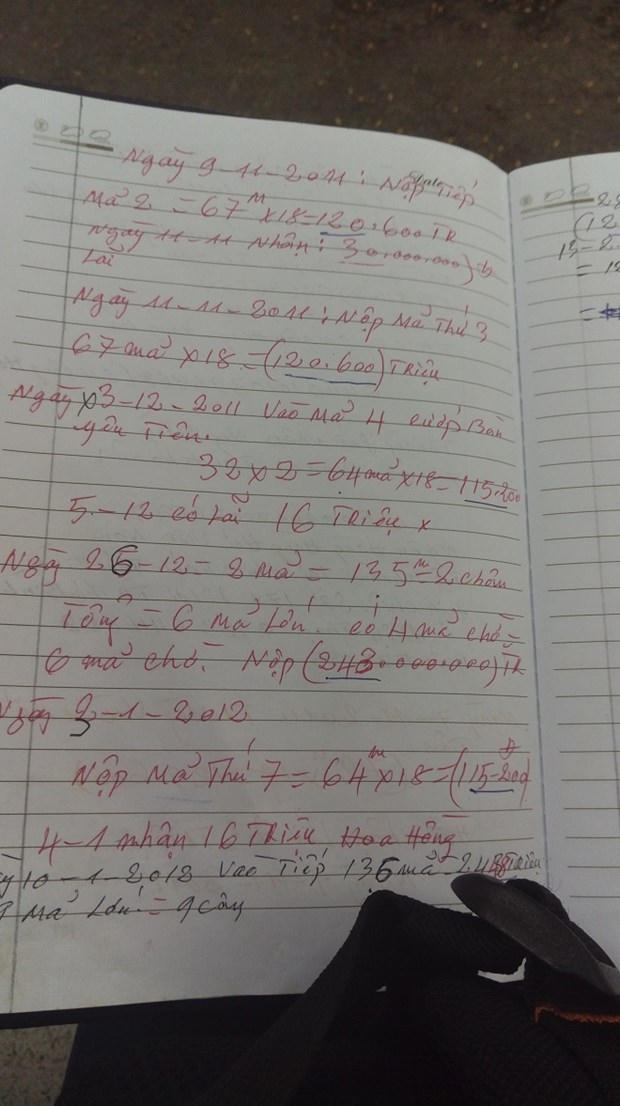 Một bị hại cẩn thận ghi chép tiền nộp vào Công ty.