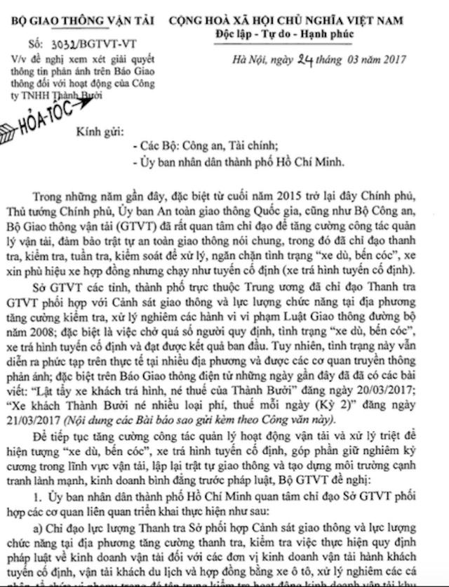 Văn bản số 3032/BGTVT-VT gửi hoả tốc đến Bộ Công an, Bộ Tài chính, UBND TPHCM đề nghị xem xét các thông tin phản ánh về Công ty TNHH Thành Bưởi liên quan đến hoạt động "xe dù, bến cóc" và "xe khách trá hình, né thuế"...