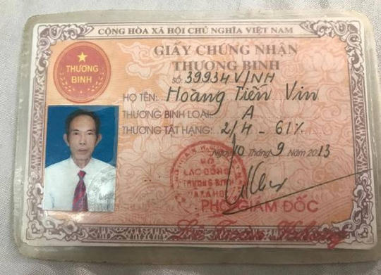 Thẻ thương binh của ông Hoàng Tiến Vin, do Bộ Lao động thương binh và xã hội cấp ngày 10/09/2013. (Ảnh: Báo Giao Thông)
