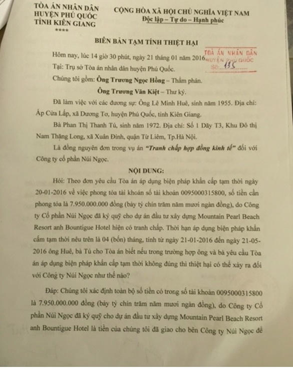"Biên bản tạm tính thiệt hại" (21/1/2016).