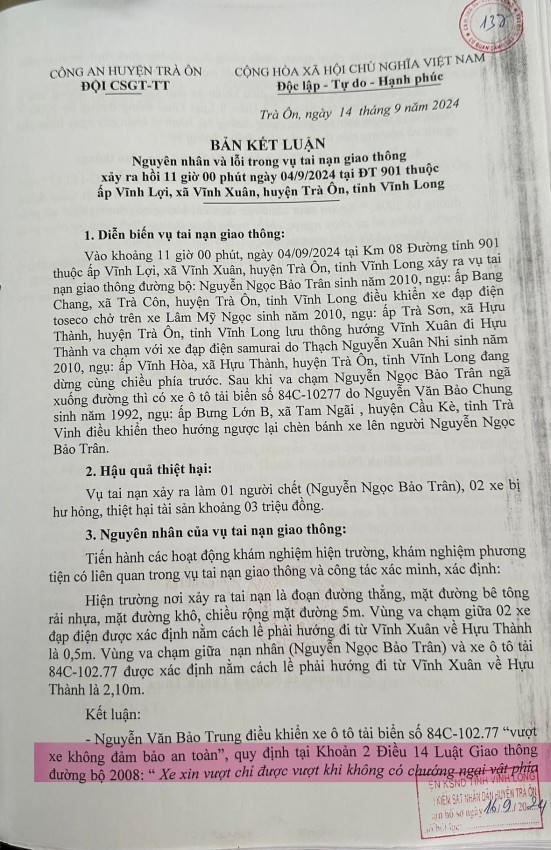 Bản kết luận xác định tài xế Trung đã vượt xe không đảm bảo an toàn