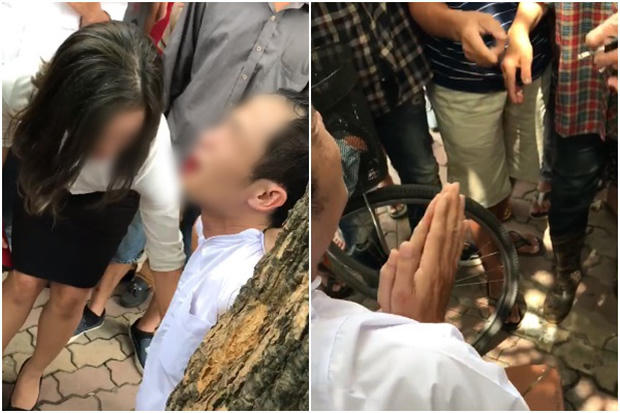 Người đàn ông mếu máo, van lạy xin tha. Ảnh cắt từ clip