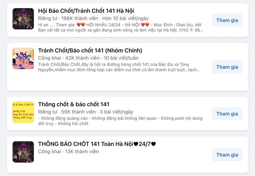 Nhiều hội nhóm “báo chốt” giao thông trên mạng xã hội.
