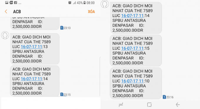 Các giao dịch bất thường từ Indonesia gửi về số điện thoại chủ thẻ.