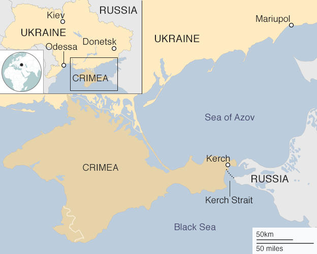 Bản đồ biển Đen và biển Azov tiếp giáp Nga, Ukraine và Crimea. (Ảnh: BBC)