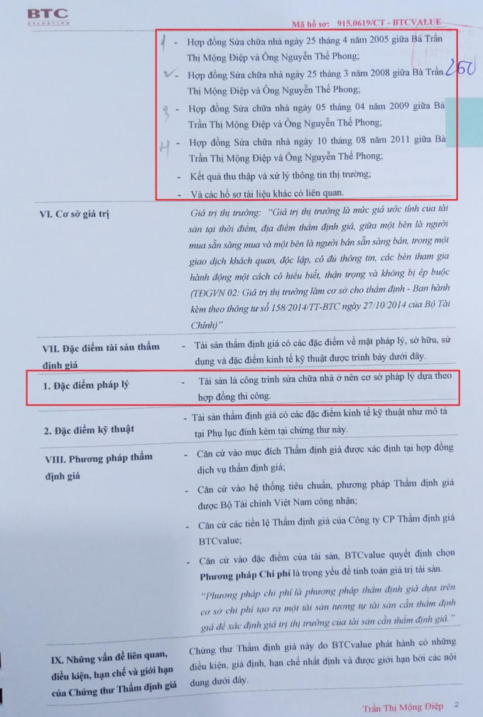 Kết quả bản thẩm định giá đối với phần sửa chữa căn nhà số 459 Hai Bà Trưng được cho là thiếu căn cứ để khẳng định việc sử chữa của bà Điệp.